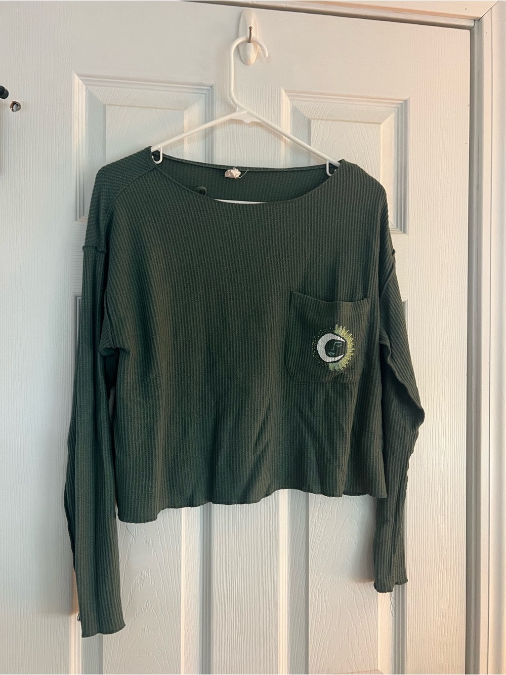 Anthropologie Olive Green Waffle-Knit Long Sleeve Top with Pocket Graphic